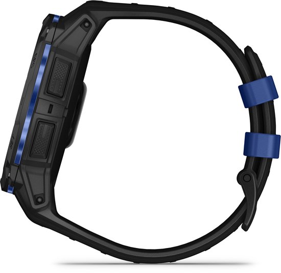 Zijkant van een zwarte Garmin smartwatch met blauwe bandhouders.