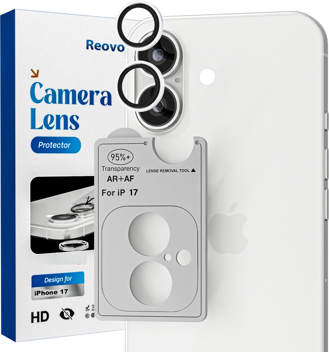 REOVO Camera Protector – Geschikt voor iPhone 17 - 0.05mm Slim Fit – Wit Zilver -Titanium Frame – Anti-Kras & Schokbestendig
