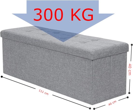 Grijze opbergkist 111 x 40 x 40 cm met gewatteerd deksel, draagkracht 300 kg.