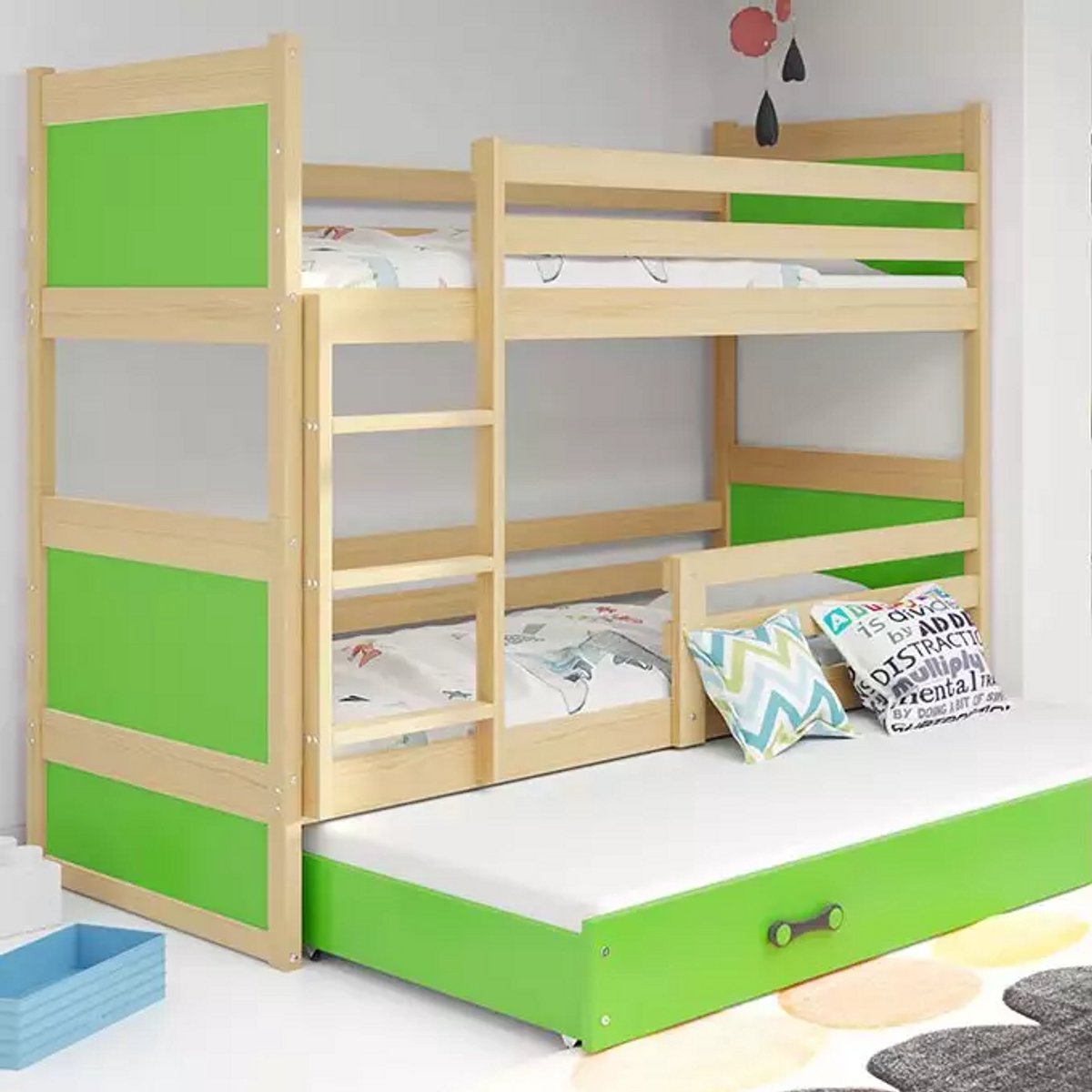 BMS - Three-Person Youth Bed - 90x200 cm - Pine/Green - Met Matras en Lade