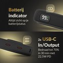 Zwarte powerbank met batterij indicator op display. Twee USB-C poorten voor bedraad opladen.