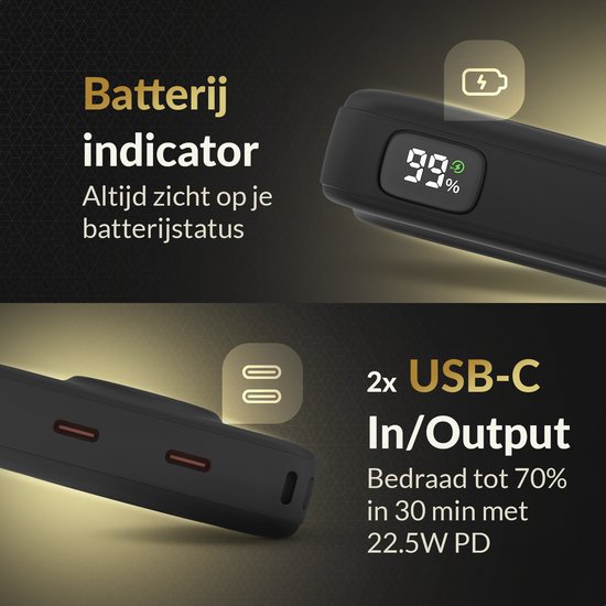 Zwarte powerbank met batterij indicator op display. Twee USB-C poorten voor bedraad opladen.