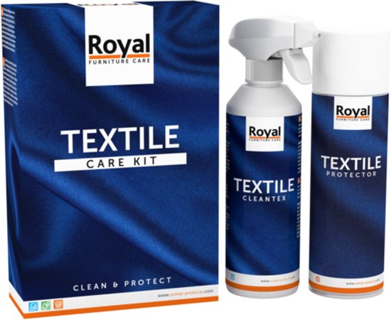 Royal Furniture Care Textiel Care Kit met Textile CleanTex spray en Textile Protector bus op een blauwe, satijnen achtergrond.