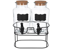 HOMLA - Allos Drankdispenser - Sapdispensers - Drankcontainer - Set van 2 - Waterdispenser met Metalen Standaard, Dubbele Kraan & met Kurkdeksel - 2 Liters - Transparant