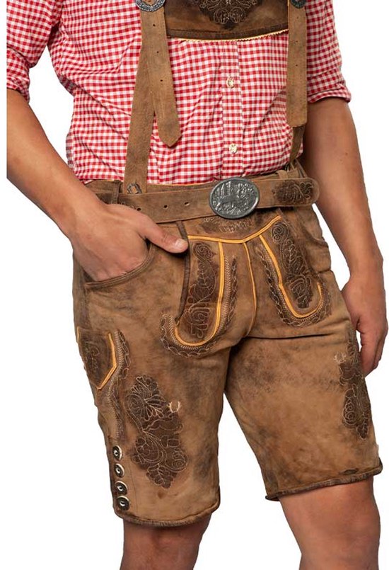 Tannhauser Lederhose Lech Short avec Riem et Bretelles 100 % cuir de chèvre de Premium Oktoberfest pour homme - Cuir de chèvre - Taille XS/ 46