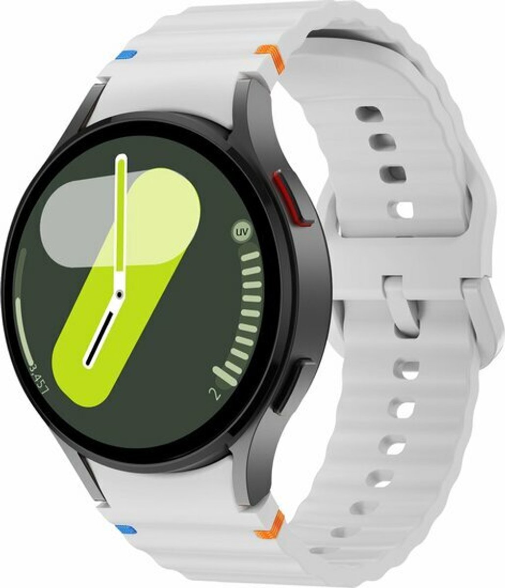 By Qubix - Wave Sportband - Maat: S/M - 20mm - Grijs - Geschikt voor Samsung Galaxy Watch 7 (40 & 44mm) - Galaxy Watch FE - Galaxy Watch 6 - Galaxy Watch 6 Pro - Galaxy Watch 5 - 5 Pro - Galaxy Watch 4 - 4 Classic