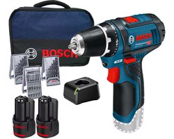 Bosch Professional Accu schroefboormachine GSR 12V-15 (2x 2,0Ah + lader AL 1115 CV + 39 accessoires + toolbag)