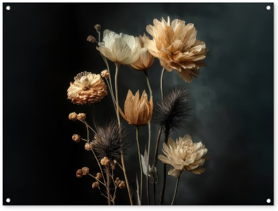 Tuinposter 120x90 cm - Tuindecoratie Boeket - Bloemen - Licht - Zwart - Poster voor in de tuin - Buiten decoratie - Schutting tuinschilderij - Tuindoek muurdecoratie - Wanddecoratie balkondoek