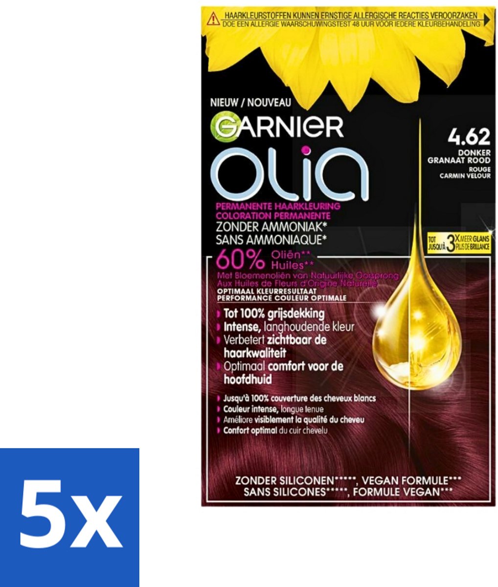 5 x Garnier - Olia 4.62 - Haarkleuring - Donker Granaatrood - Zonder Ammoniak - Permanente Kleur - Haarkleuring - Permanent - Donker Rood - Grijsdekking - Zonder Ammoniak