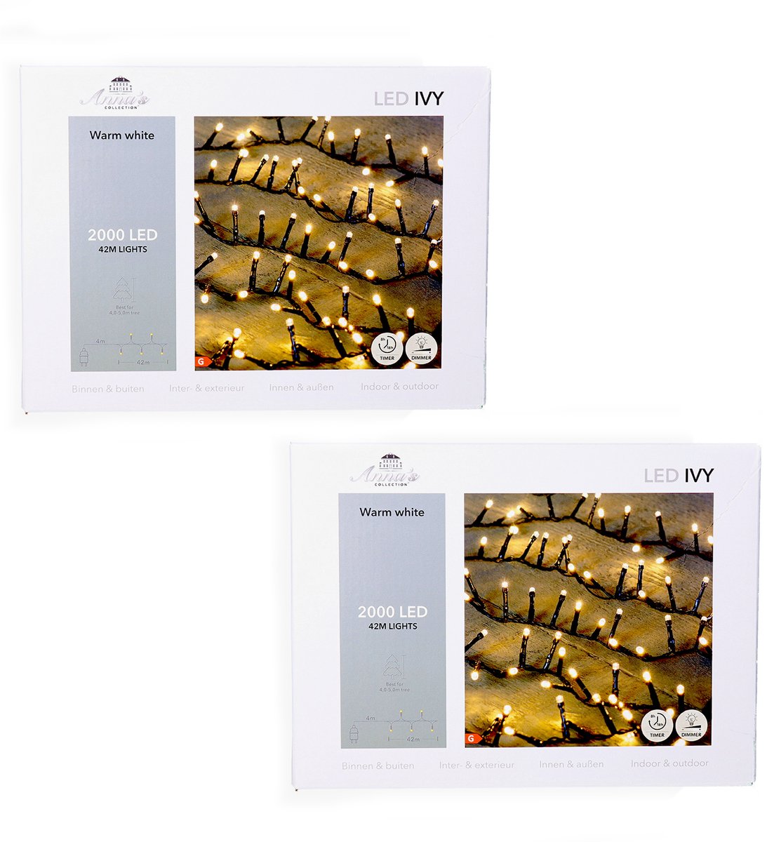 Anna's Collection Kerstverlichting Ivy - 2x - 2000 led lampjes - warm wit - 42 meter - lichtsnoer - kerstlampjes - kerstboomverlichting