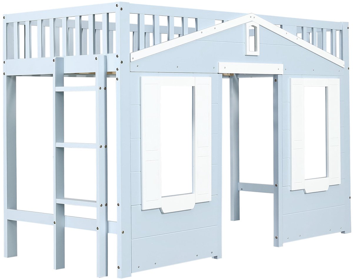 Merax Hoogslaper Kinderbed 90x200 Cm - Flexibele Ruimte Onder Bed - Ladder Links/Rechts - Schattige Raamdetails - Blauw