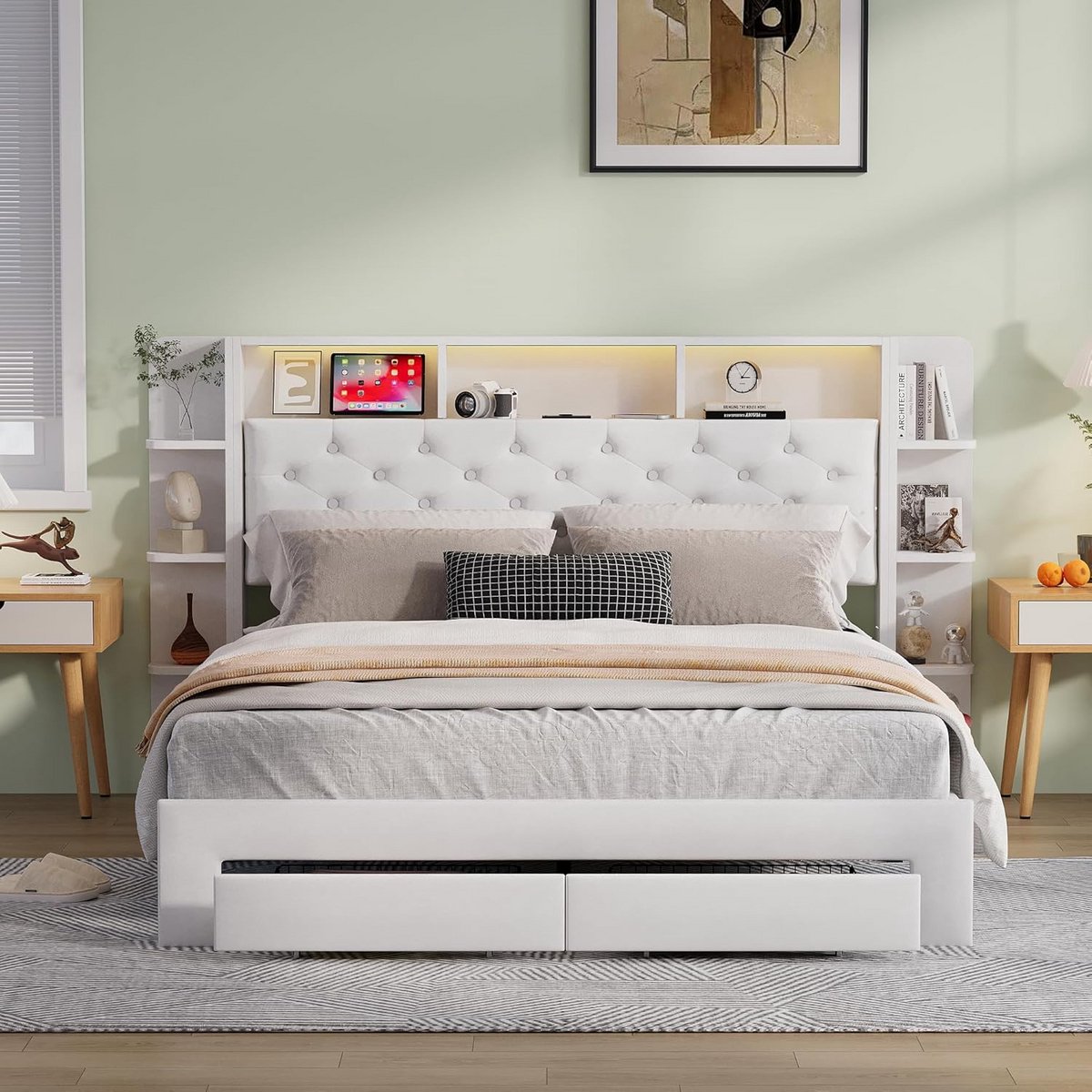 Tweepersoonsbed 140x200cm Gestoffeerd met LED Verlichting, USB-poort en Opbergruimte