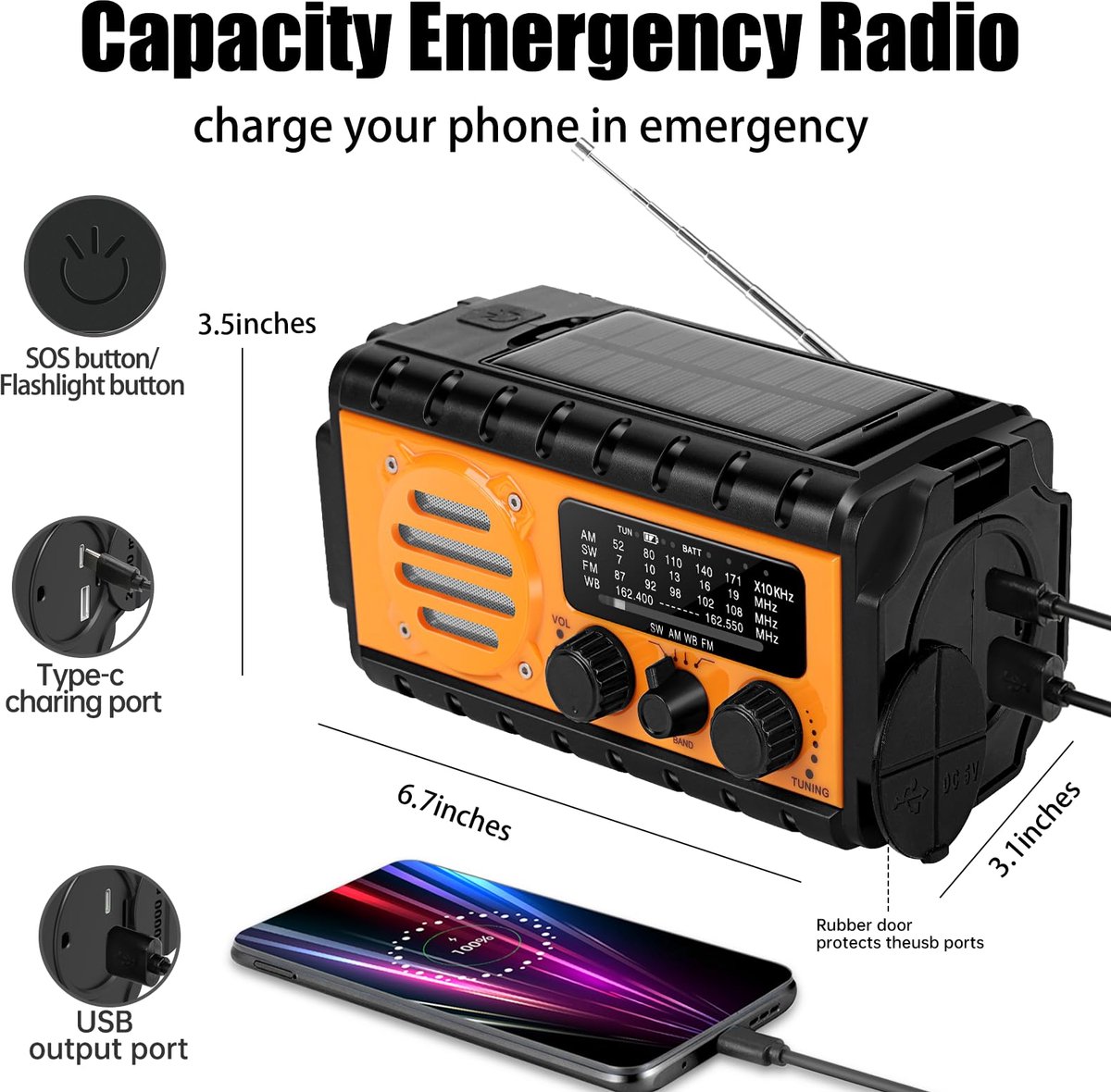 Noodradio met 20000mAh Powerbank - SW/NOAA/AM/FM weerradio, handbediende oplader met grote batterij, draagbaar, opladen van mobiele telefoon, SOS, zaklamp voor noodgevallen/thuis en outdoor – foto 2