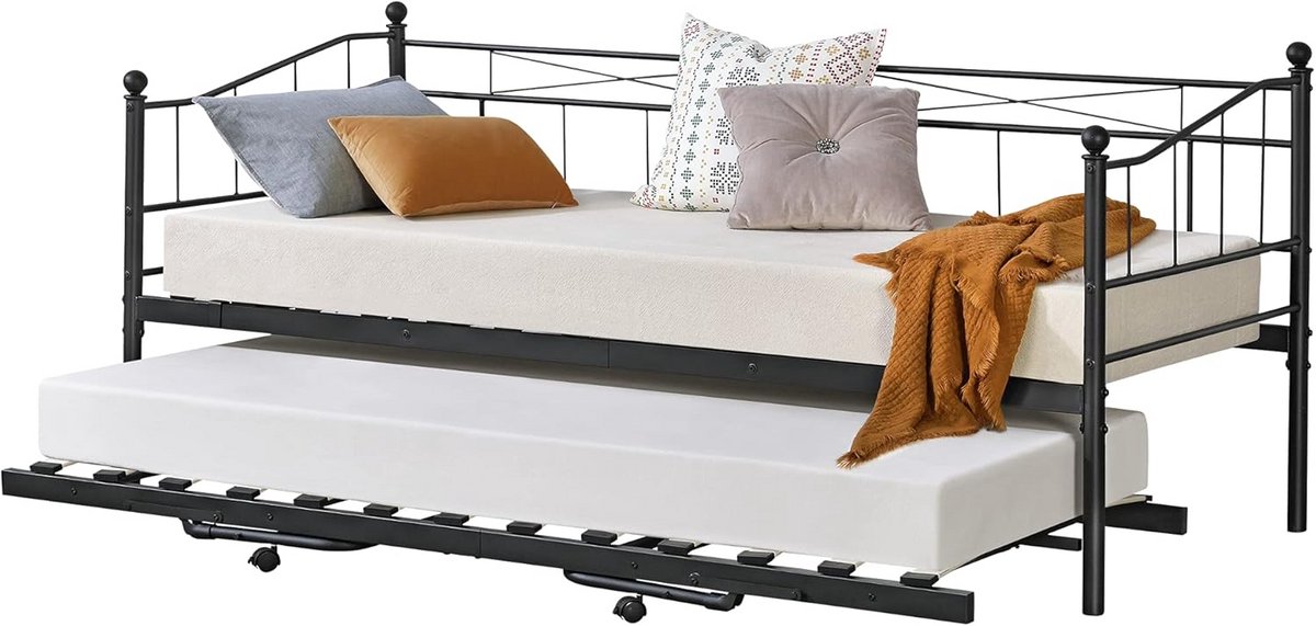 Zwarte Slaapbank met Uitschuifbaar Logeerbed 90x200 cm - Metalen Frame