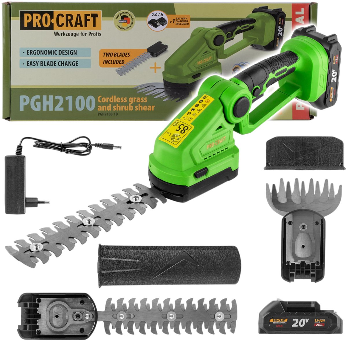Procraft PGH2100 accu gras- en heggenschaar 20 V + 1x accu 2,0 Ah + oplader