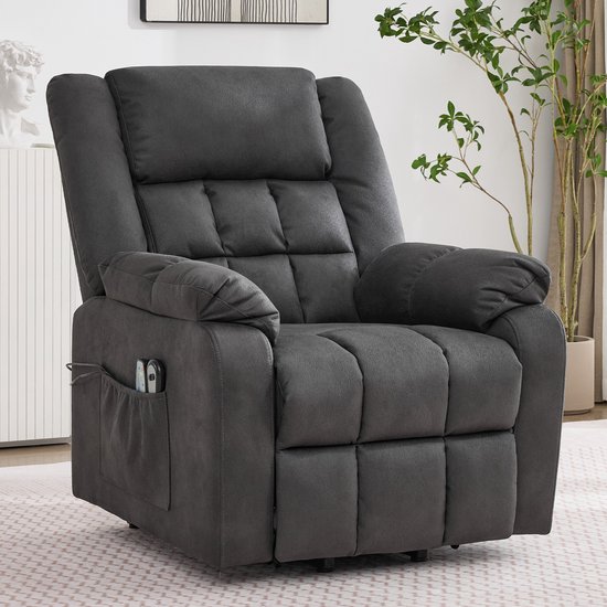 Fauteuil TV électrique réglable avec fonction massage et chauffage - repose-pieds - poche latérale et porte-verre - port USB - gris