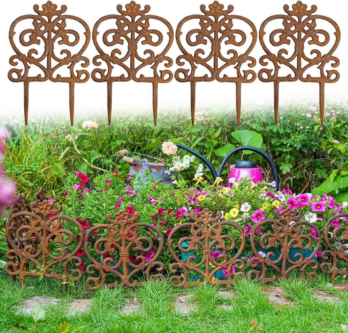 Decoratieve Gietijzeren Tuinranden - 4x Victoriaans Stijl Bloembed Afbakening voor Gazon en Pad