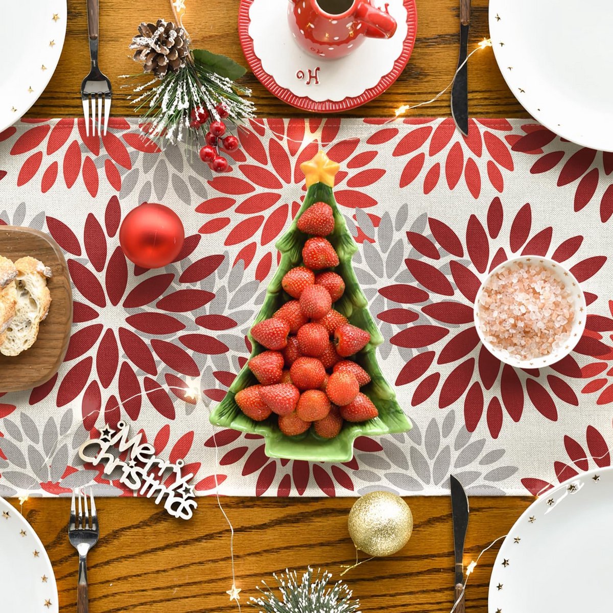 Tafel Loper Bloemen Rood Dahlia's Decoratie Indoor Feestelijk 40 x 180 cm