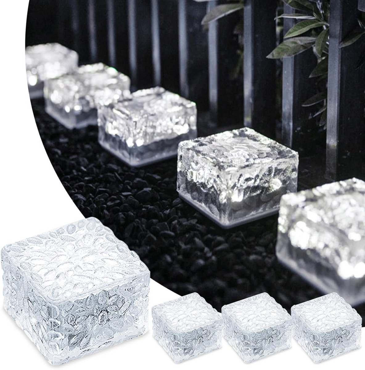 Set van 4 Solar Glas Pavers met Koud Wit Licht, Waterdichte Tuinlampen voor Patio, Tuin en Oprit met Lichtsensor, 7 x 7 x 5 cm