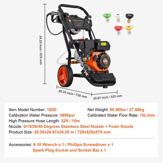 Benzine Hogedrukreiniger, 3950PSI, 10 L/Min, 2,6 Gpm, Koperen Pomp, 5-Delige Sproeierset — afbeelding 3