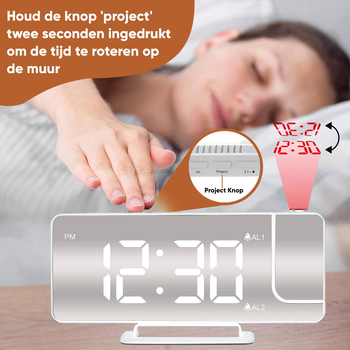 Luxime® - Digitale Wekker Met Projectie - Slaapkamer - Projectieklok Plafond - Projectiewekker - Wit — cadeau in Wonen & Interieur - foto 6