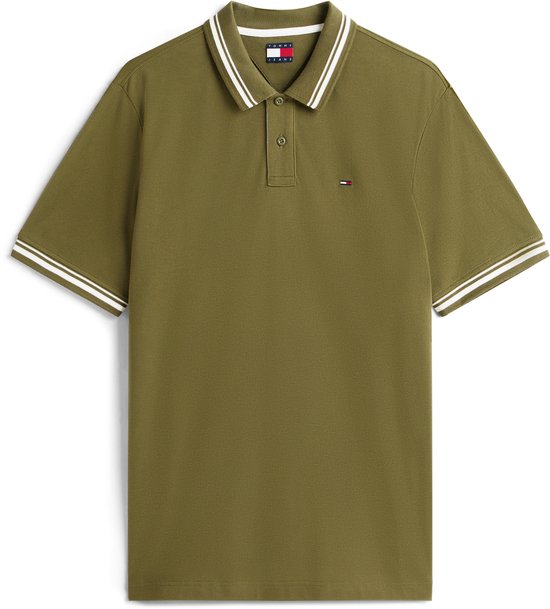 Olijfgroene poloshirt met witte strepen op de kraag en mouwen, met Tommy Jeans logo.