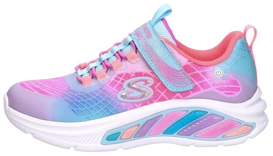 Zij-aanzicht van kinder sneaker met roze, paarse en blauwe gradiënt. Lichtjes in de zool.
