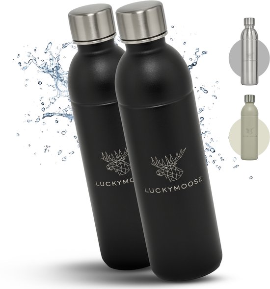 Luckymoose RVS Drinkfles 0,75L Infinity - Set van 2 - Geschikt voor SodaStream Bruiswatertoestel - Waterfles voor Bruiswater Machine - Zwart
