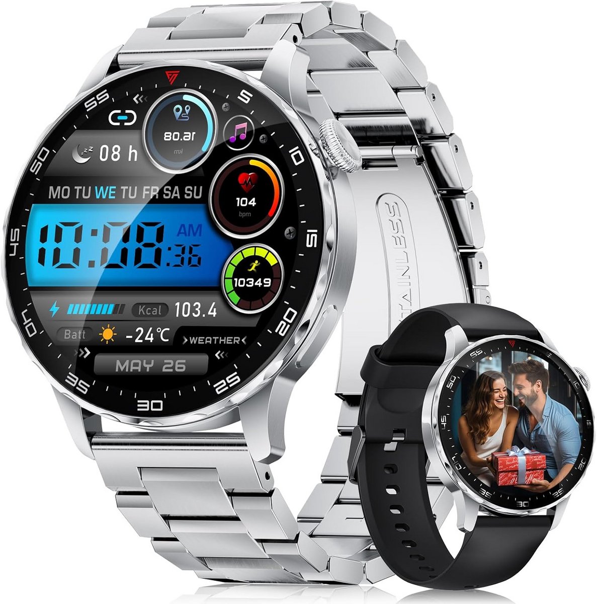 Smartwatch Heren met Bluetooth Oproepen, Groot AMOLED Scherm en Sportmodi - Geschikt voor Android & iOS