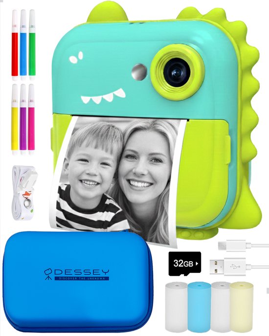 Blauwe en groene dinocamera met geprinte foto van vrouw en kind. Inclusief beschermhoes, rolletjes en stiften.
