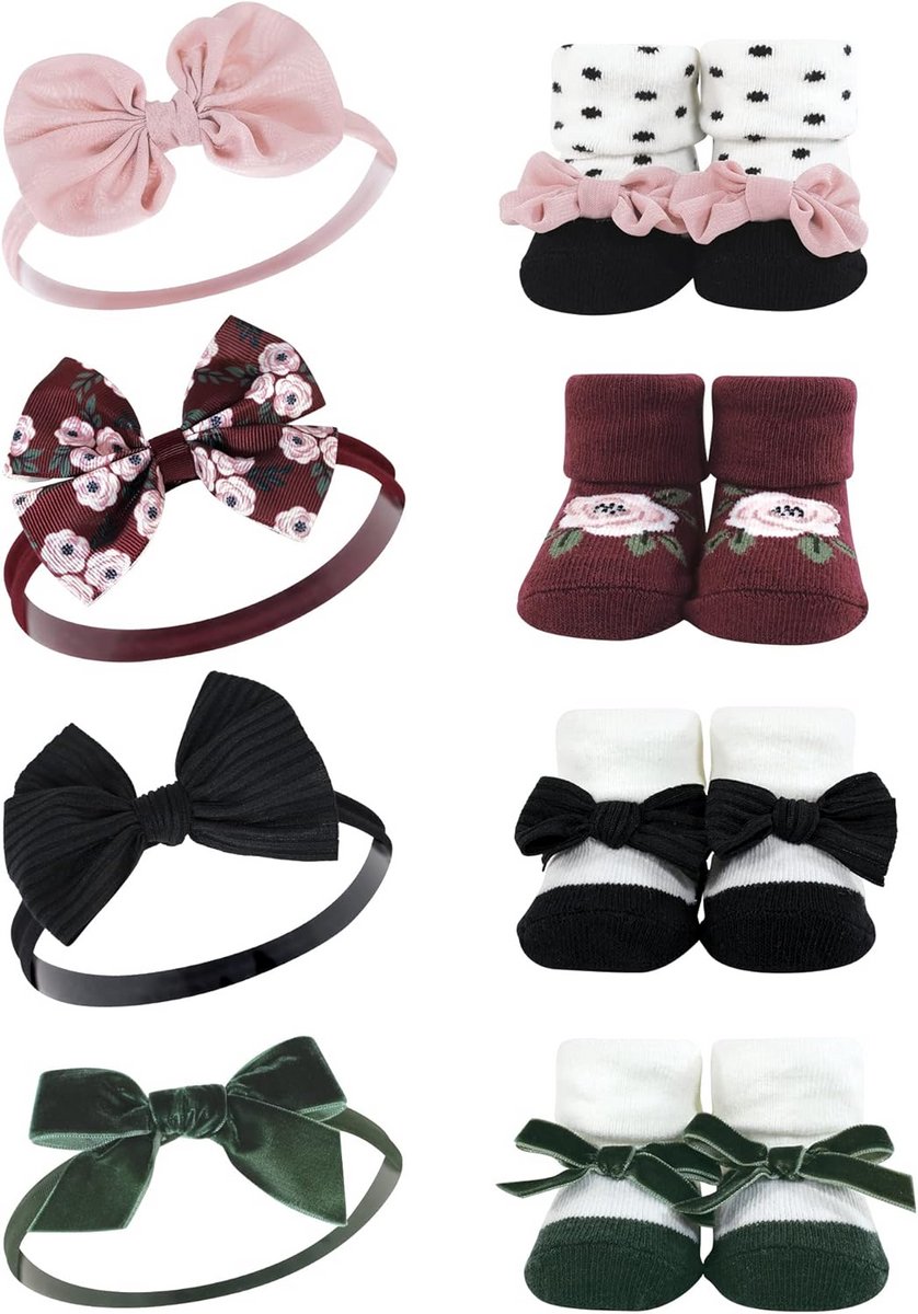 Babyset voor Meisjes: Haarbandjes en Sokjes Cadeauset - Bordeauxrood Bloemmotief