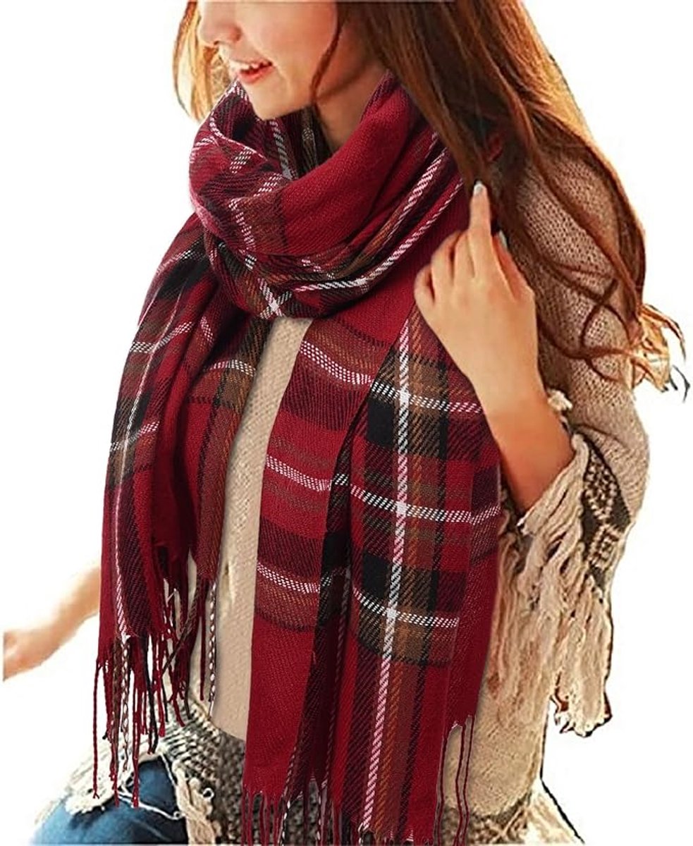 Mmgoqqt 1 Stuk - Warm Sjaal - Rood-Groen - 175cm+ - Acryl-Wolimitatie Winter Accessoire