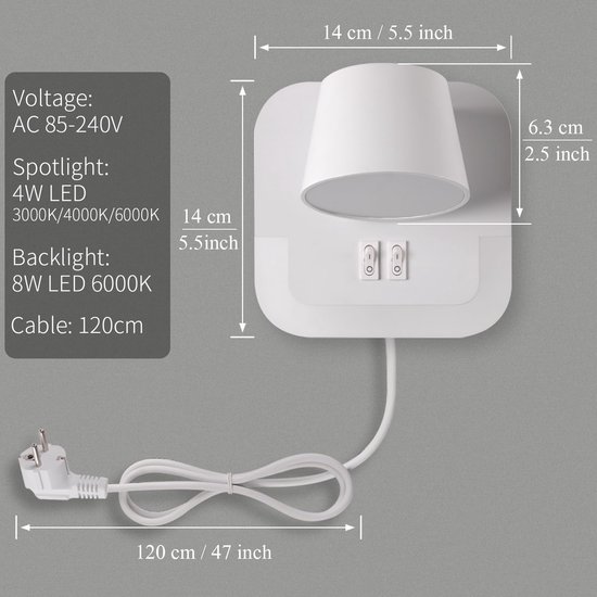 Wandkandelaar, 330° Plus 150° Verstelbare USB Draadloze