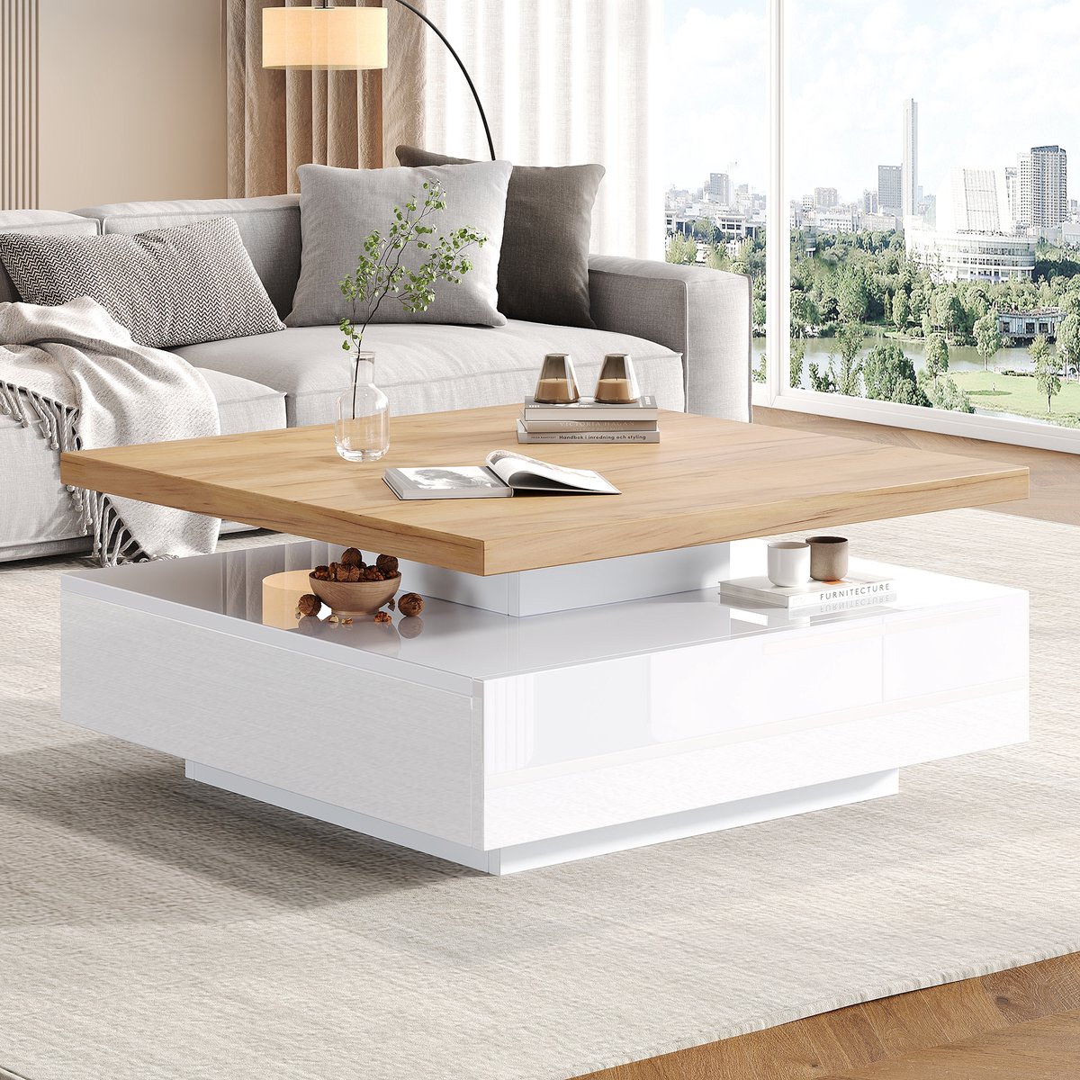 STILVORA Salontafel - 360° Draaibare Vierkante Salontafel Met Lade - Open Opbergruimte Voor Woonkamer En Lounge - Spaanplaat - 70x70x36 cm - Wit+Notenbruin