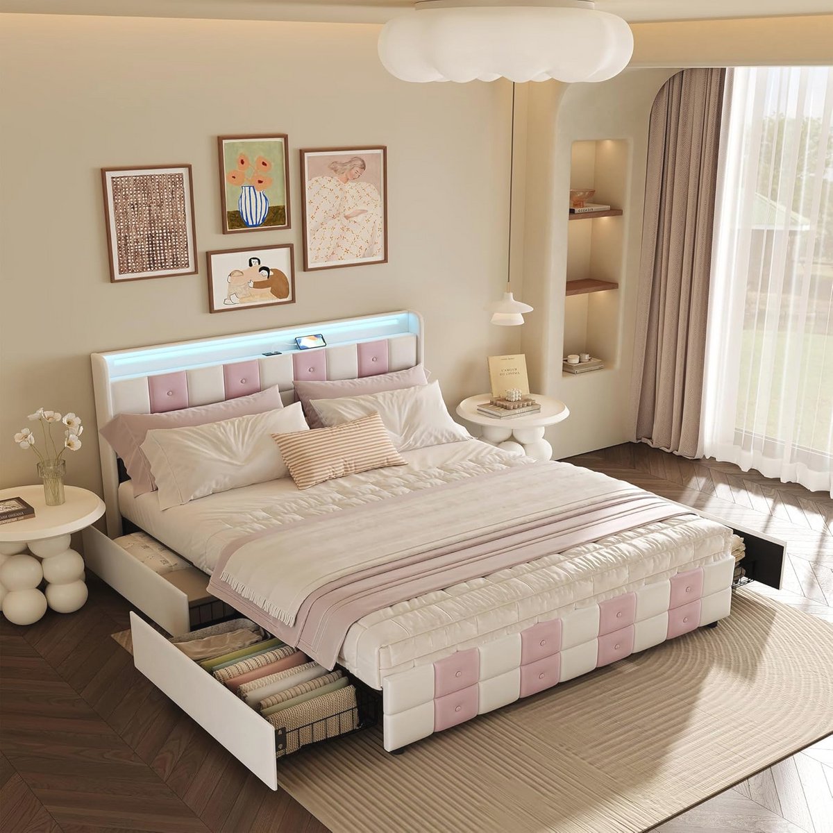 Tweepersoonsbed 140 x 200 cm met LED-verlichting en USB-oplaadfunctie