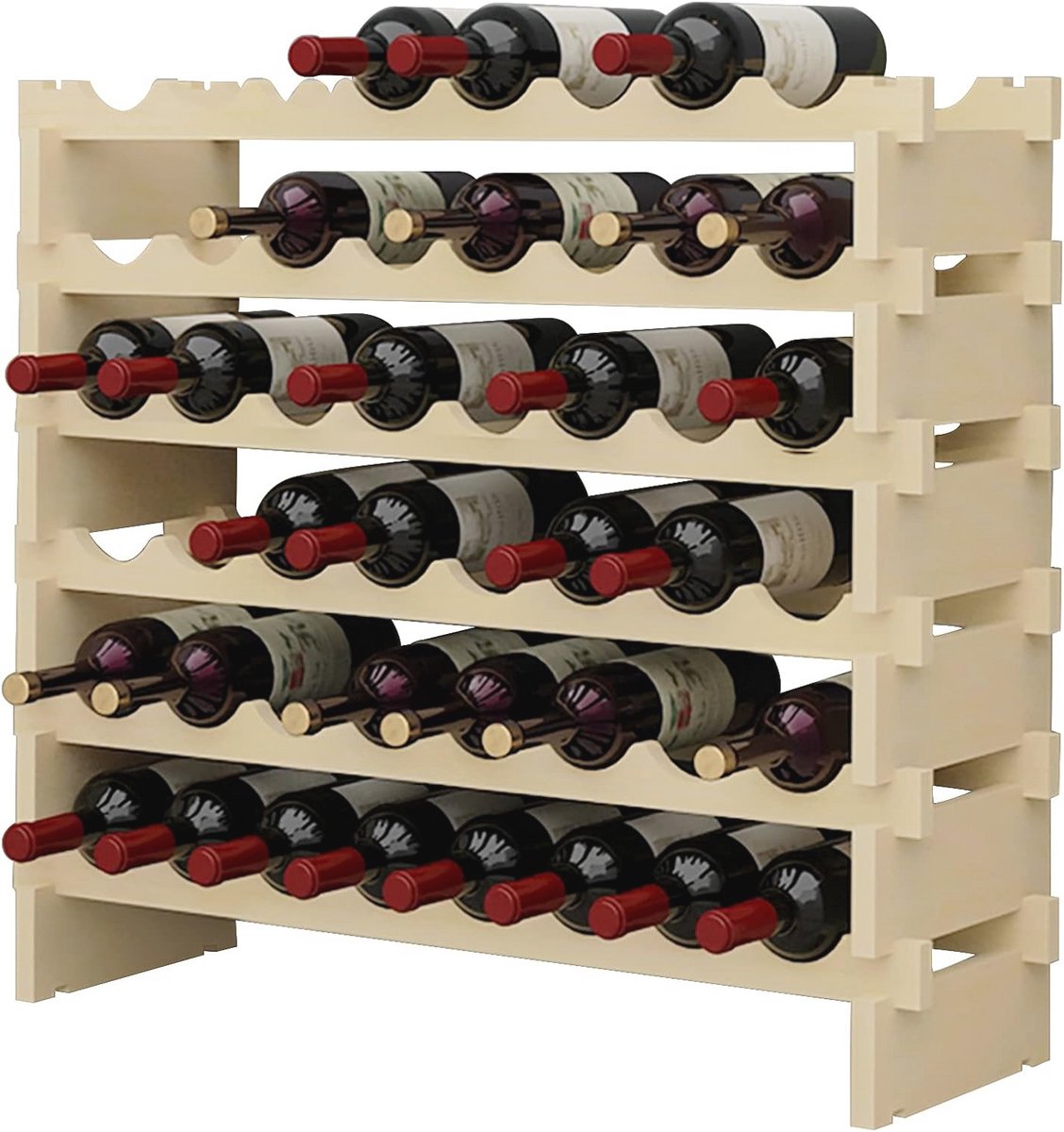 6-Tier Modulaire Wijnrek voor 48 Flessen - Stapelbare Houten Wijnopslag