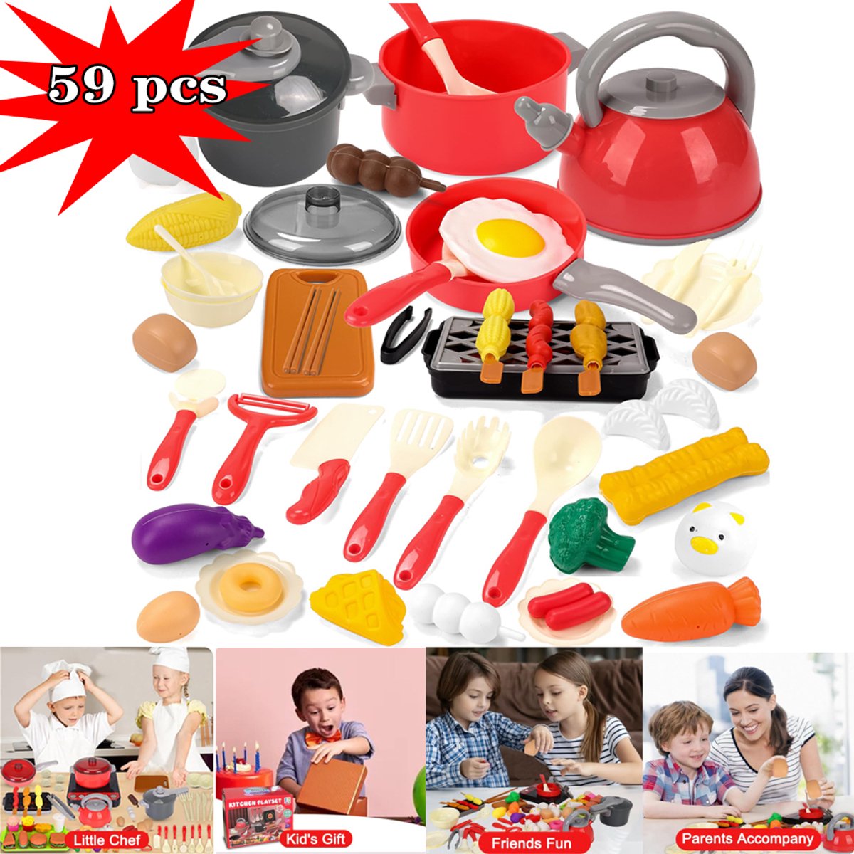 59 Stuks Speelgoedaccessoires Voor De Kinderkeuken, Speelset Voor Peuters, Barbecue, Campingkookset, Speelpotten, Pannen, Keukengerei, Kookgerei, Speelgoed, Speelgoedset, Groenten, Leerzaam Cadeau Voor Meisjes En Jongens