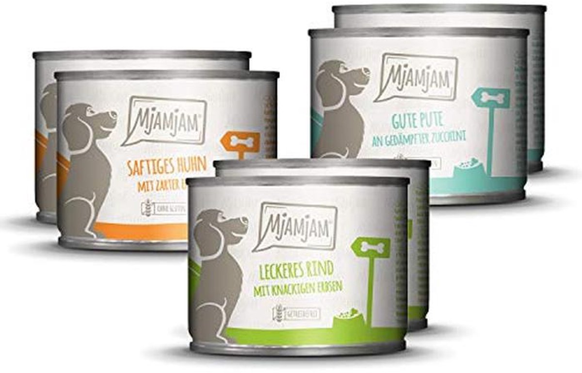 MjAMjAM - premium wet food for dogs - mixed package I - chicken & duck, beef, turkey, pack of 6 (6 x 200 g), natural with extra meat