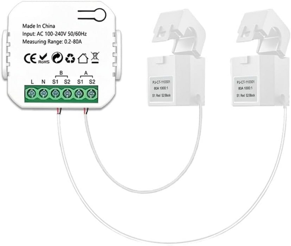 Slimme Wifi Energiemeter met Stroomverbruik Monitor en 80A CT Transformator