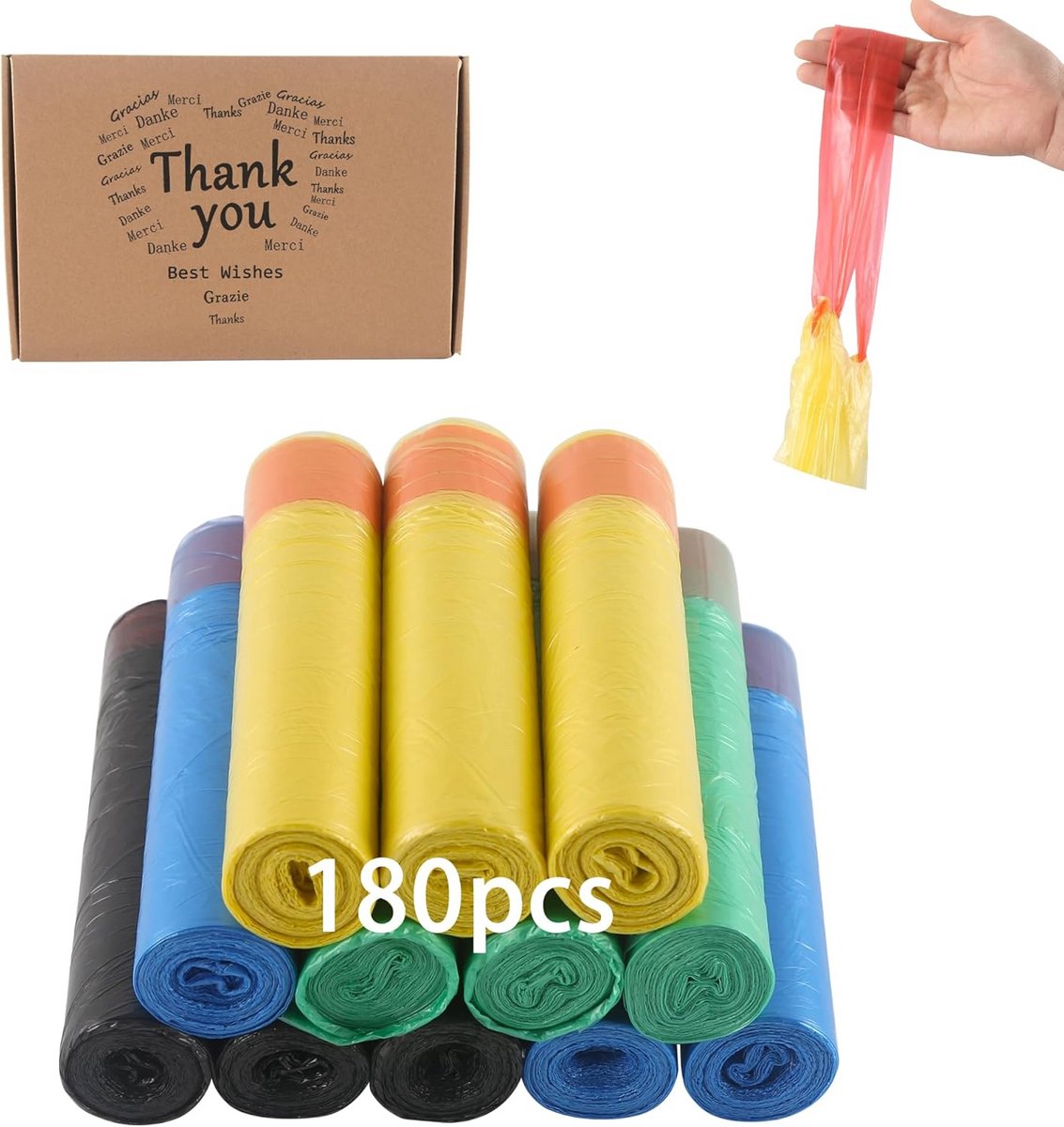 Vuilniszakken met trekkoord in diverse kleuren en formaten, 180 stuks