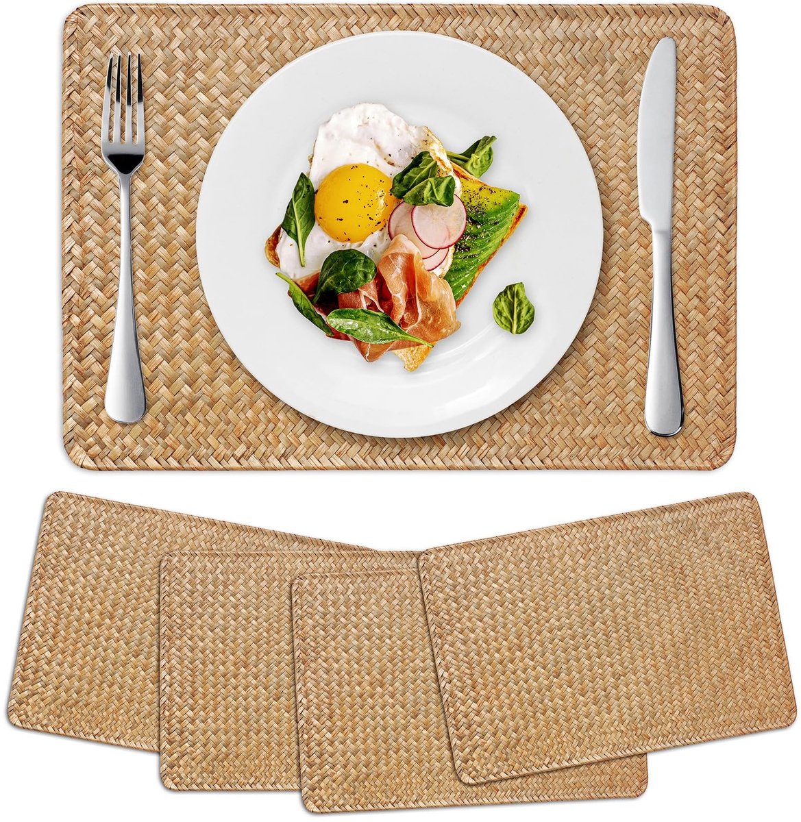 Unyqoos® Set van vier rechthoekige placemats van zeegras voor de eettafel