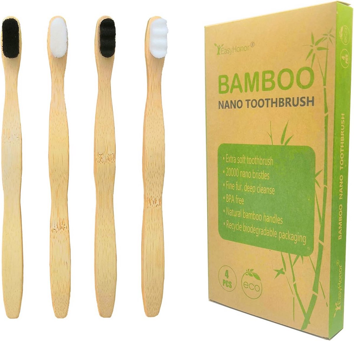 Extra Zachte Bamboe Tandenborstel met 20.000 Borstelharen, Micro-Nano, 4 Stuks