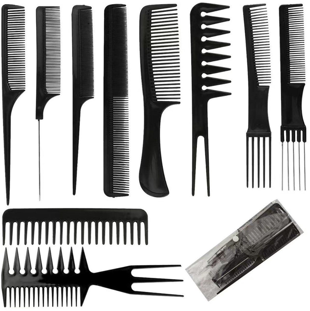 10x - Kammenset - Kappersset - Toupeerkam - Grove kam - Fijne kam - Haar styling - Kunststof - Zwart - Jonyx
