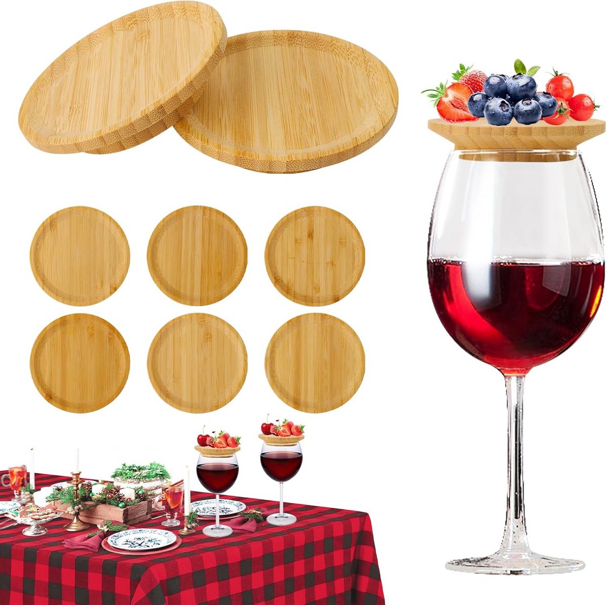 6 Houten Opzetstukken voor Wijnglazen voor Snacks en Amuse-bouches