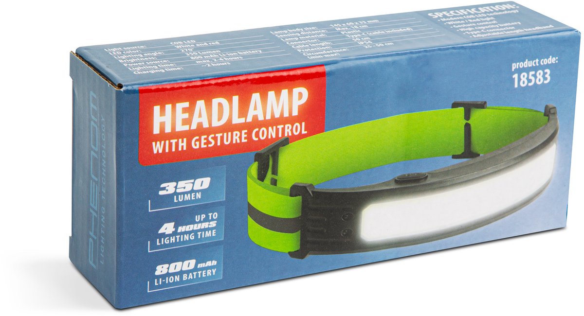 COB LED Hoofdlamp - 350 Lumen - Gebarenbediening - Wit/Rood Licht - 5 Modi - 800mAh Oplaadbaar - IP54 - Verstelbare Hoofdband - Voor Fietsen Wandelen Kamperen [18583] — cadeau in Sport & Outdoor - foto 2