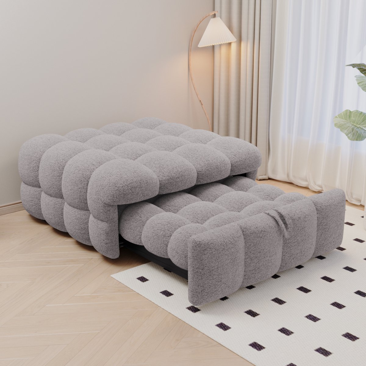 OKWISH Gestoffeerd Bed 183x76 cm - 2-in-1 Uitklapbaar Sleeper Ottoman - Omvormbaar Tot Slaapbank - Teddy Stof - Lichtgrijs - Zonder matras