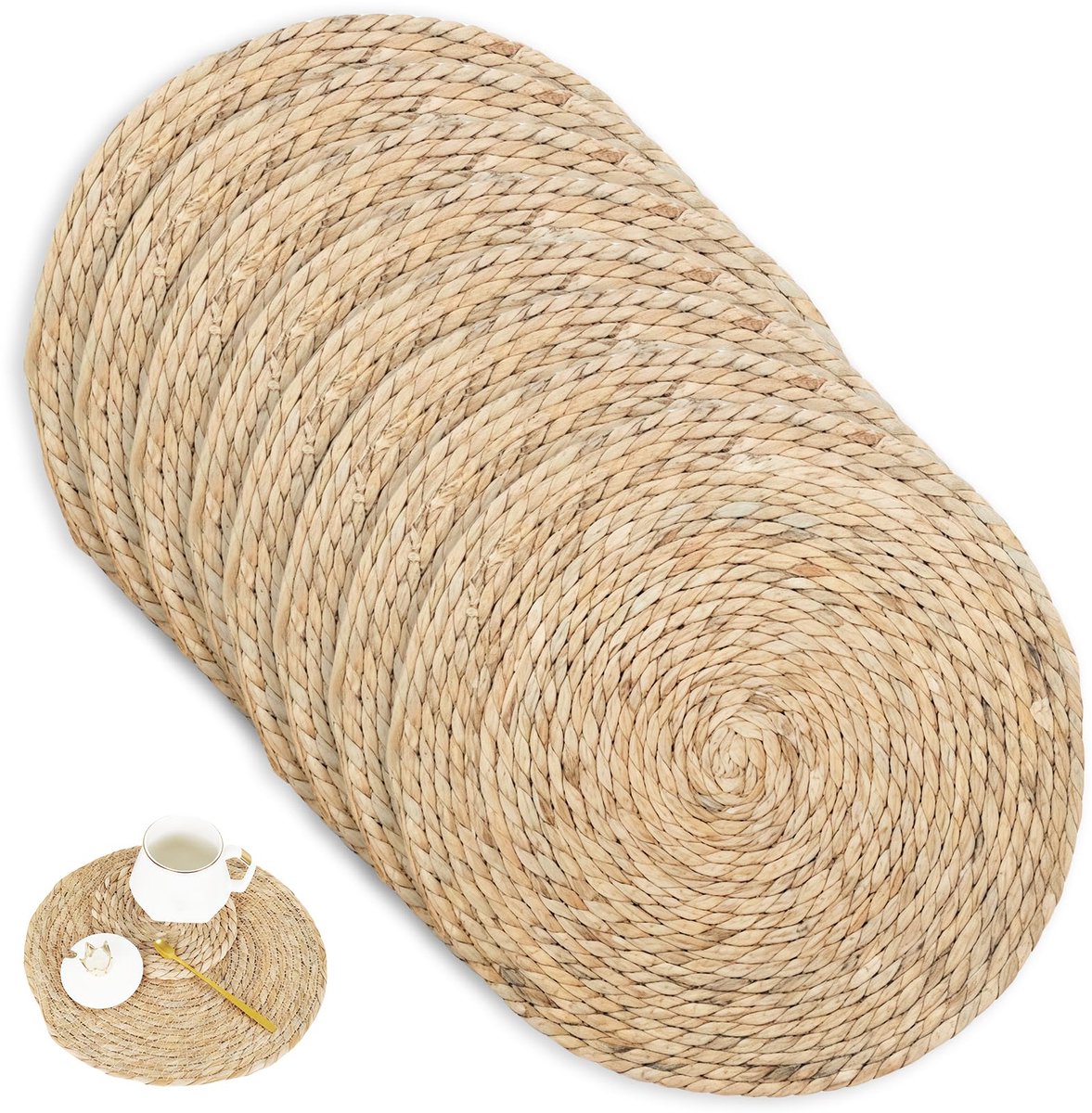 Unyqoos® Set van 8 handgeweven ronde placemats van waterhyacint voor eettafel