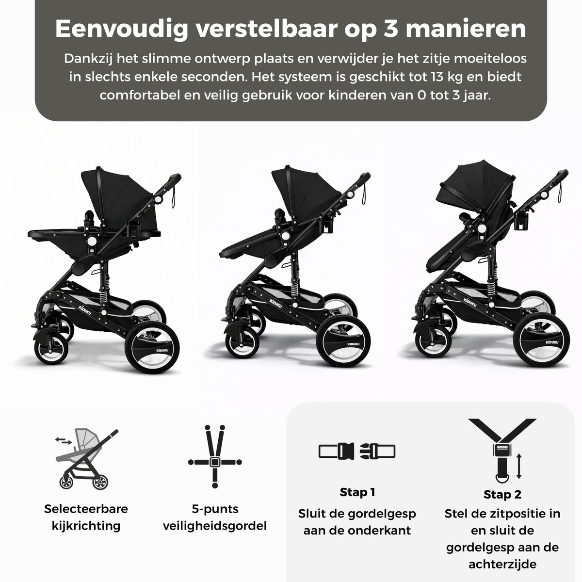 KIDUKU 3-in-1 Combi Kinderwagen - Multifunctionele Buggy met - afbeelding 2