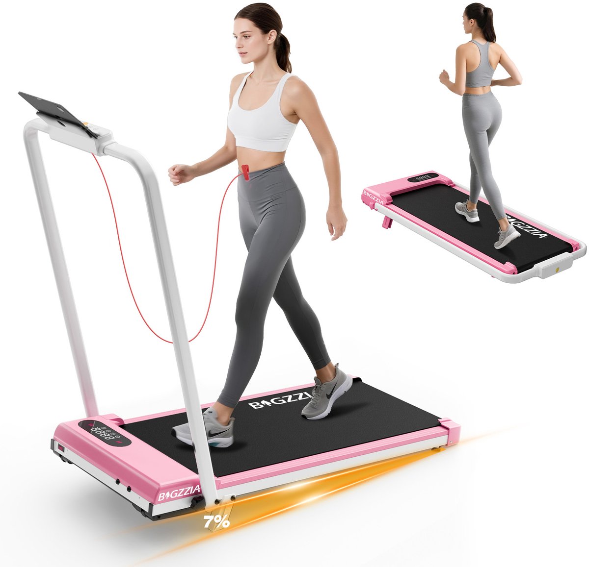 BIGZZIA 3-in-1 opvouwbare loopband met 7% helling - Inklapbaar loopband Elektrisch met armleuningen - 1-8 km/u - 2,5 pk motor - afstandsbediening - LED-scherm - 130 kg draagvermogen - Geluid<45db - Roze