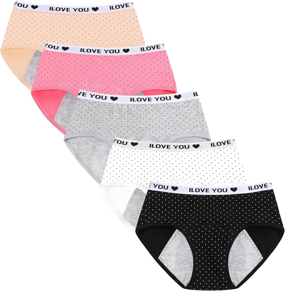 Menstruatiebroek voor tieners - Zachte, comfortabele menstruatieslips, lekvrij, gemiddeld taille, 5 stuks